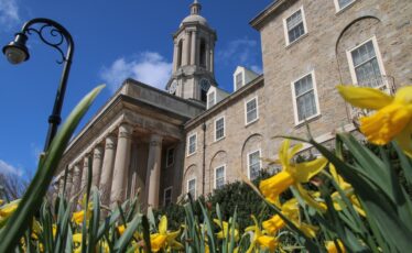 Yellow flowers blossom in front of Penn State's Old Main building