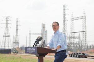 Gov. Josh Shapiro during a 2025 visit to Falls Township in Bucks County, where an Amazon data center campus is being built.